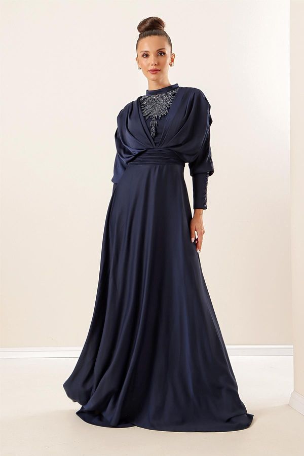 By Saygı By Saygı Lined Front Beaded Satin Long Dress with Gathered Button Detailed Sleeves