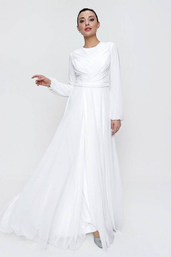 By Saygı By Saygı Lined Long Chiffon Dress Ecru with Gathered Waist Belt