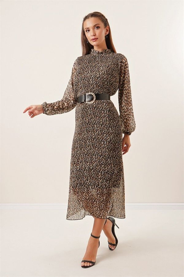 By Saygı By Saygı Long Fully Pleated Lined Leopard Pattern Belted Chiffon Dress Brown