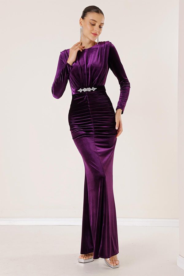 By Saygı By Saygı Long Velvet Dress with Front Pleated Belt