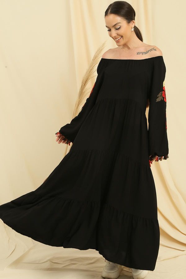 By Saygı By Saygı Madonna Collar Sleeve Rose Embroidered 3-Layer Oversize Viscose Dress