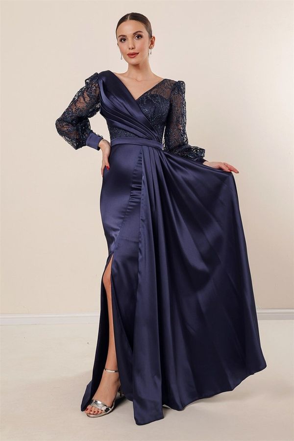 By Saygı By Saygı Navy Blue Double Breasted Collar Sleeve Tulle Glitter Embroidered Front Pleated Lined Long Satin Dress
