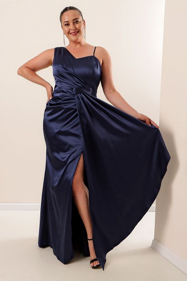 By Saygı By Saygı Navy Blue One Side Rope Straps Front Gathered Lined Plus Size Long Satin Dress