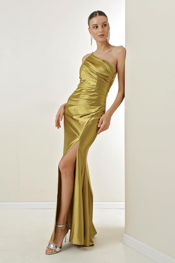 By Saygı By Saygı One-Shoulder Straps Crepe Satin Long Dress with Draped and Lined Front