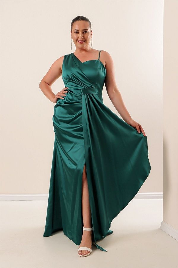 By Saygı By Saygı One Side Rope Straps Emerald Front Gathered Lined Plus Size Long Satin Dress
