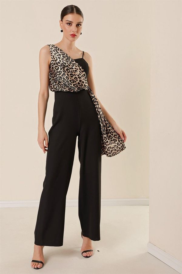 By Saygı By Saygı One Side Thick Straps Leopard Pattern Satin Detailed Wide Leg Jumpsuit Black.