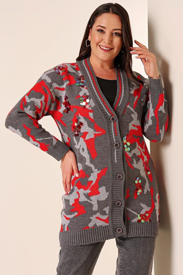 By Saygı By Saygı Oversize Camouflage Sequin Long Knitwear Cardigan