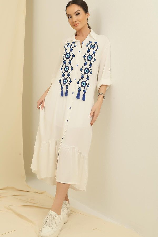 By Saygı By Saygı Oversize Viscose Long Dress with Front Buttoned Charm Embroidered Sleeve Fold