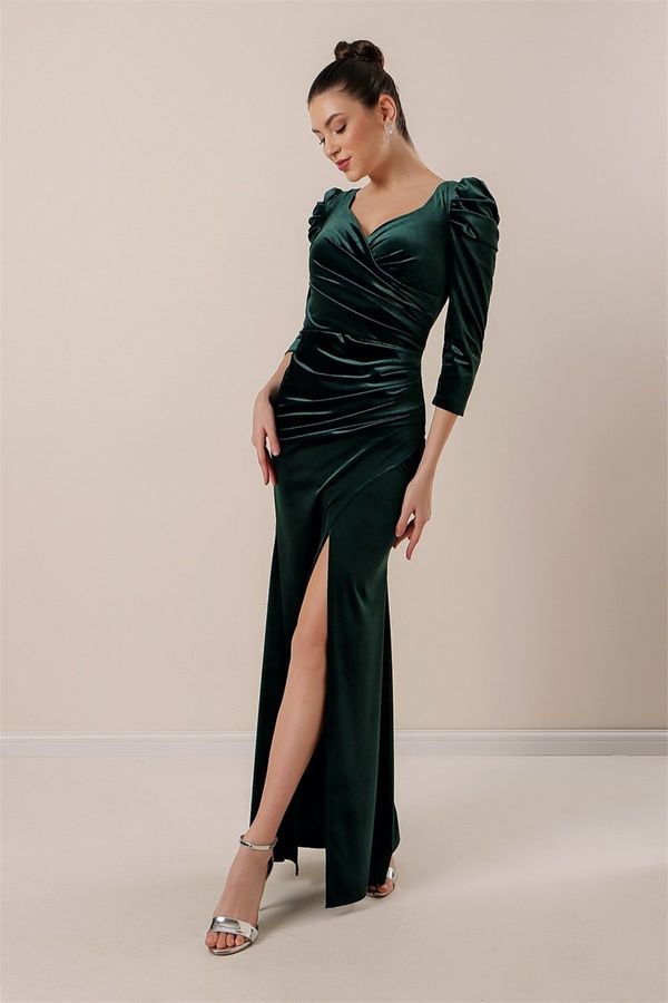 By Saygı By Saygı Pleated Slit Long Velvet Dress