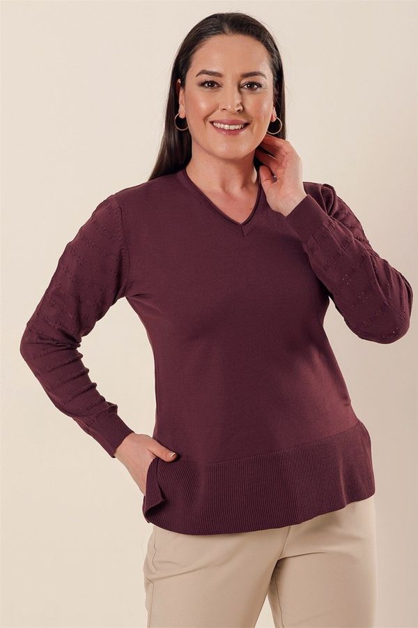 By Saygı By Saygı Plum V-Neck Sleeve Patterned Plus Size Acrylic Sweater with Slits in the Sides