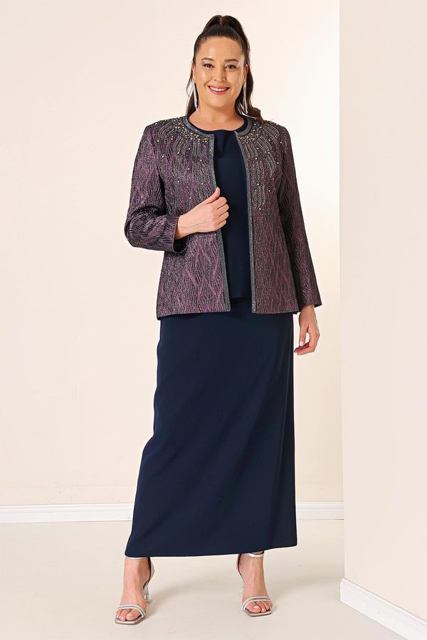 By Saygı By Saygı Plus Size 3 Set With Inner Sleeveless Blouse Bead Detailed Jacquard Jacket Long Skirt Lined