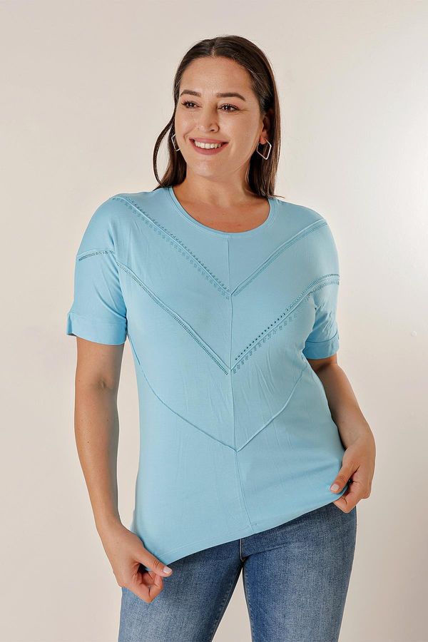 By Saygı By Saygı Plus Size Blouse with Bat Short Sleeves and Stone Print on the Front.