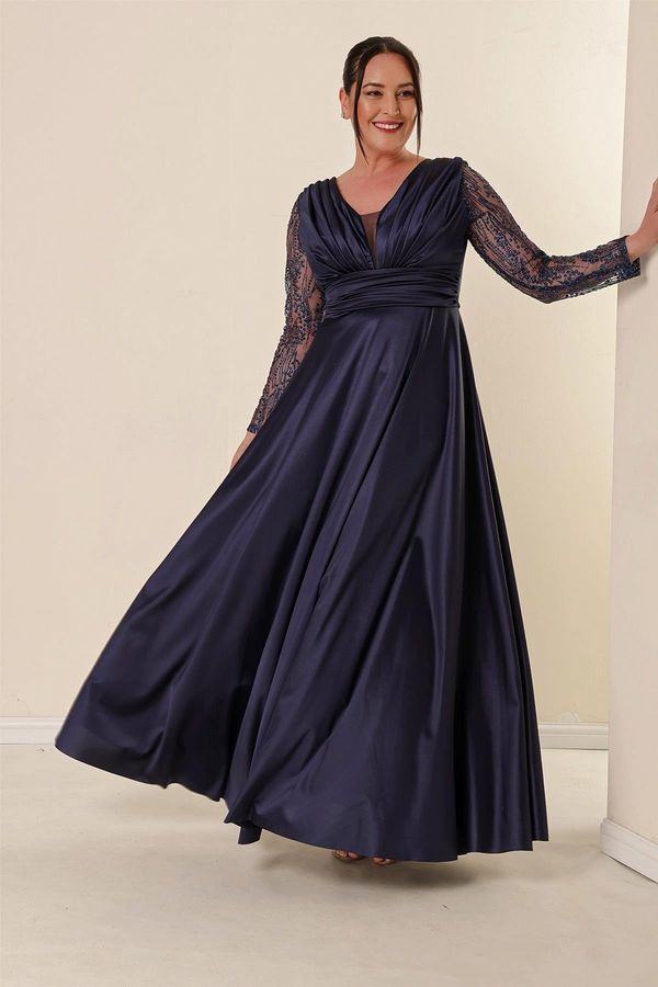By Saygı By Saygı Plus Size Long Satin Evening Dress Navy Blue with Tulle Sleeves and Glitter Detail and Pleated Front