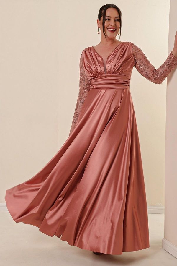 By Saygı By Saygı Plus Size Long Satin Evening Dress with Tulle Sleeves and Silvery Detailed Front Pleated Copper
