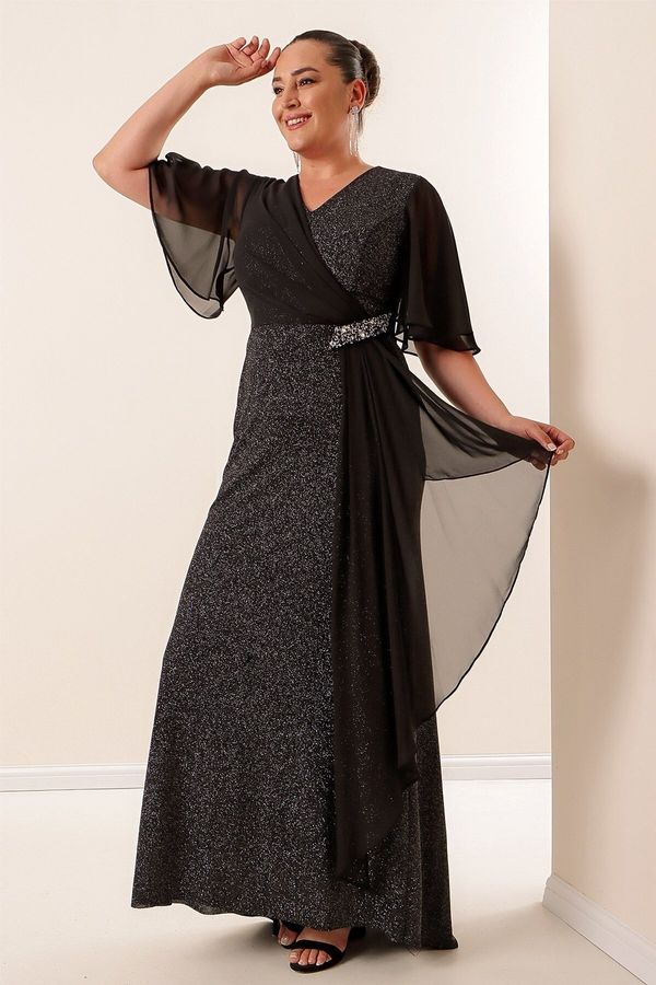 By Saygı By Saygı Plus Size Silvery Long Dress With Chiffon Sleeves Stone Accessory Lined Wide Size Range Saks