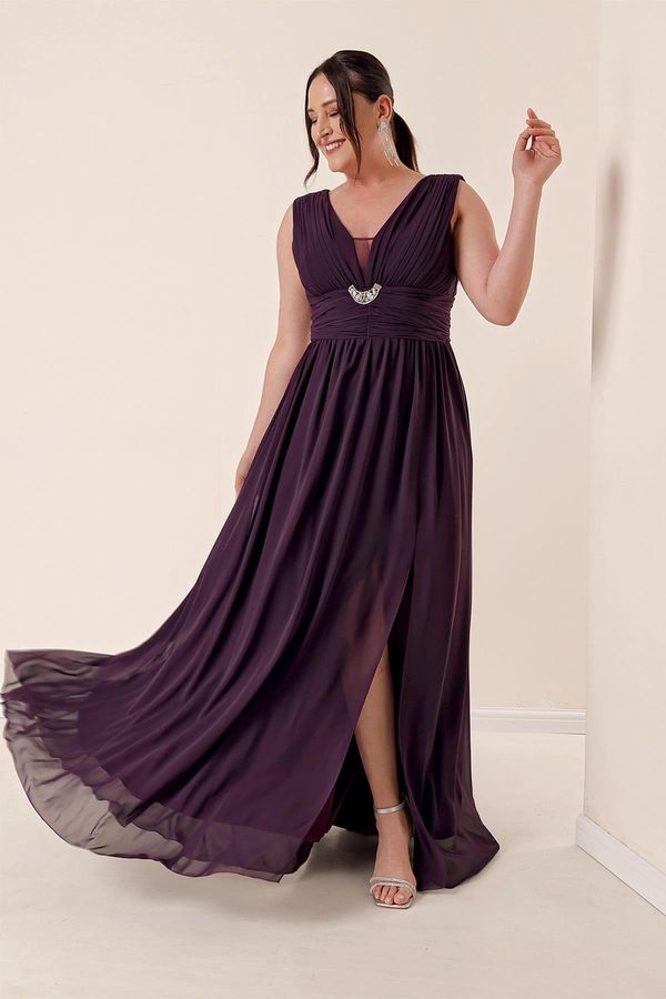 By Saygı By Saygı Purple Front Back V-Neck Stone Detailed Waist Draped Lined Plus Size Chiffon Long Dress with Front Slit