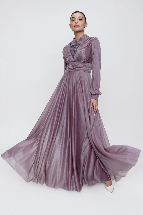 By Saygı By Saygı Purple Front Stone Embroidered Pleated Lined Silvery Long Dress