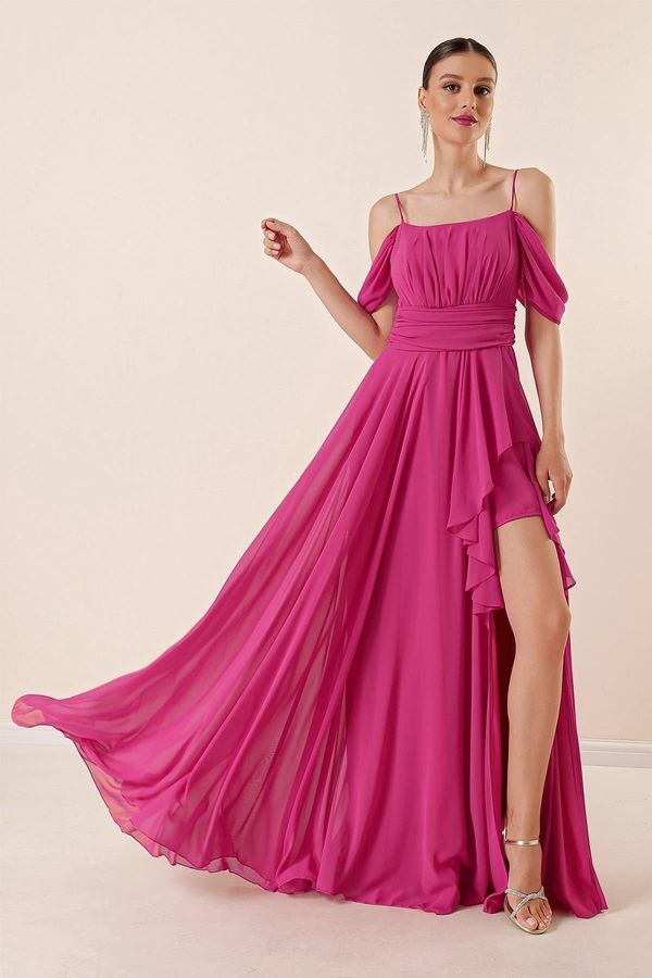 By Saygı By Saygı Rope Straps Low Sleeves Draped on the Front Flounce Front Side Slit Lined Long Chiffon Dress Fuchsia