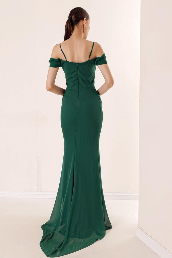 By Saygı By Saygı Rope Straps Low Sleeves Underwire Draped Front Lined Long Chiffon Dress Emerald