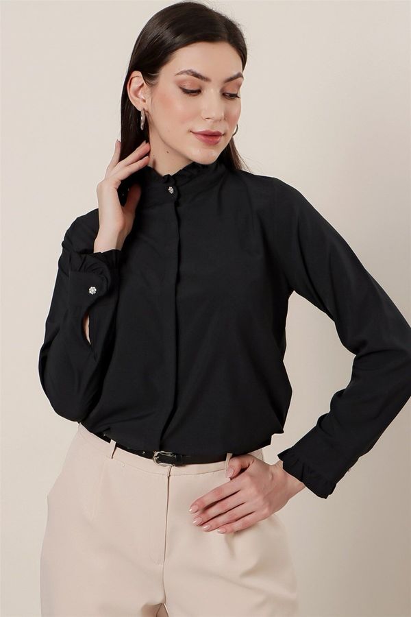By Saygı By Saygı Ruffled Collar And Sleeve Ends Imported Micro Crepe Shirt Black