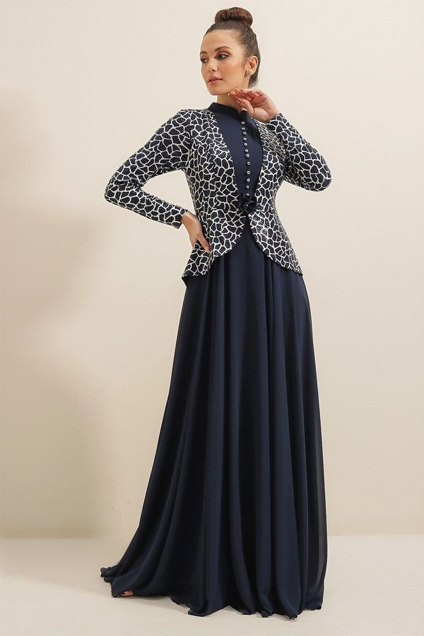 By Saygı By Saygı Sequin Leopard Pattern Gilded Jacket Look Lined Chiffon Long Dress Navy Blue