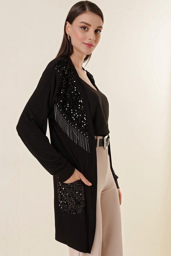 By Saygı By Saygı Sequins And Chain Detail Lycra Cardigan With Pockets Black.