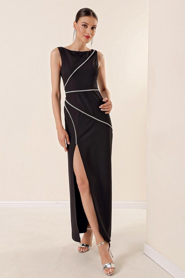 By Saygı By Saygı Shiny Stone Detailed Sleeveless Slit Long Crepe Dress Black
