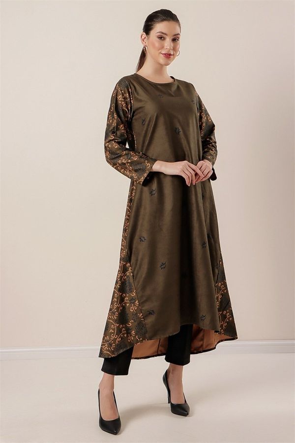 By Saygı By Saygı Short Front Long Back Patterned Oversize Sanded Suede Dress Khaki
