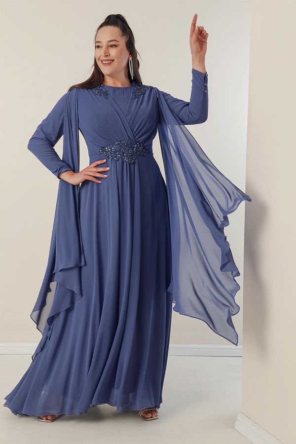 By Saygı By Saygı Shoulder And Waist Beaded Embroidered Pleated Long B.B Chiffon Dress