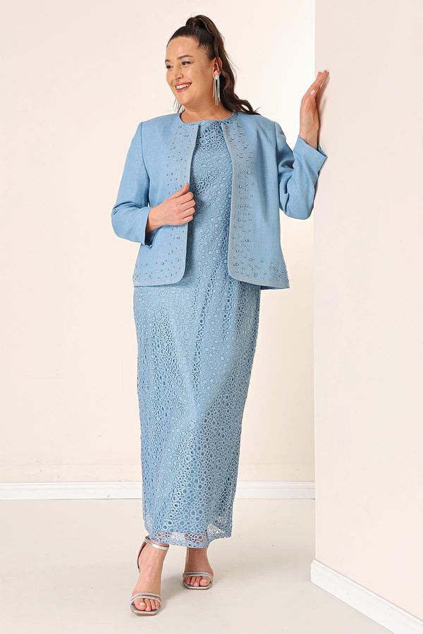 By Saygı By Saygı Sleeveless Gulpur Dress Stone Detailed Crepe Jacket Lined Plus Size 2-Piece Suit