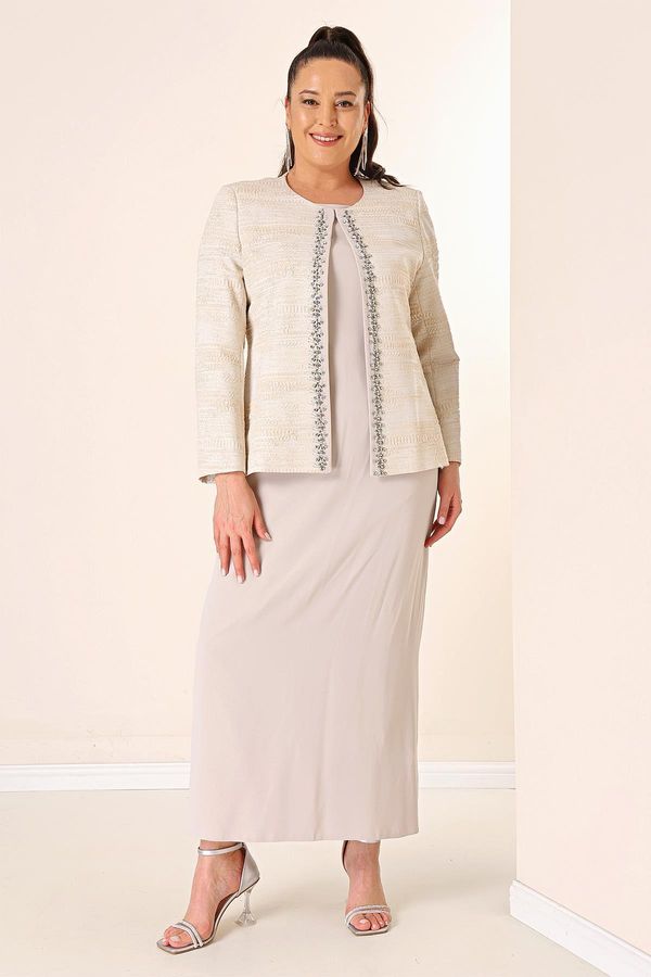 By Saygı By Saygı Sleeveless Long Dress Stone Detailed Jacquard Plus Size Lined 2-Piece Suit