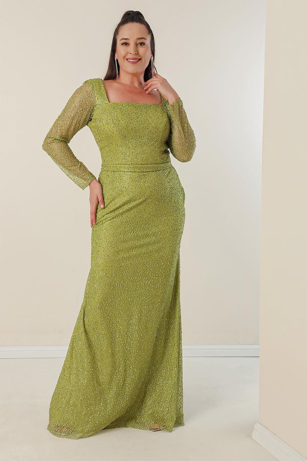 By Saygı By Saygı Square Neck Lined Plus Size Long Dress with Cut Stones