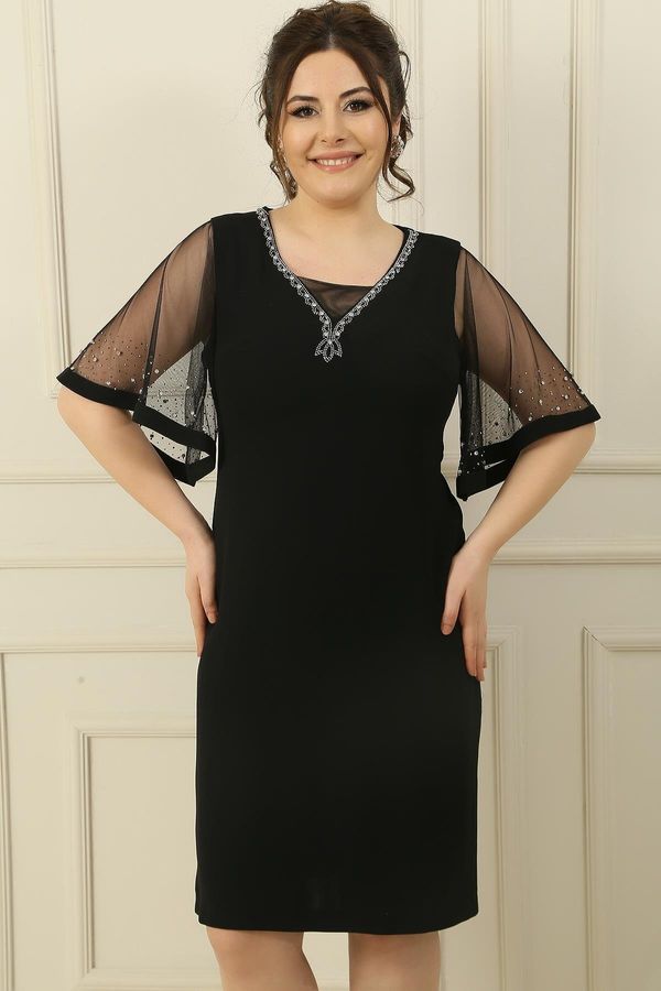 By Saygı By Saygı Stone Embroidered Lined Plus Size Dress on Collar And Sleeves