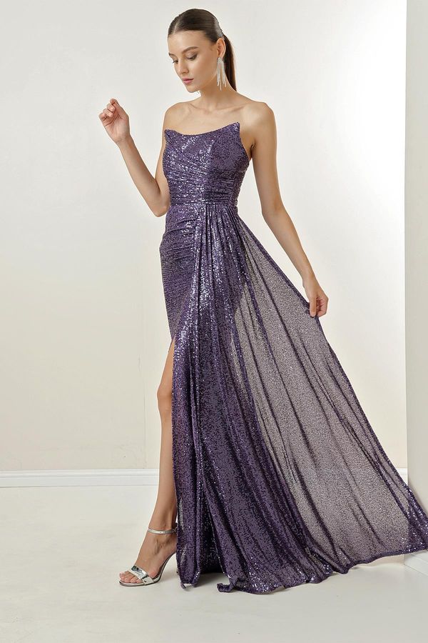 By Saygı By Saygı Strapless Puffy-Plain Long Dress with Draping and Lined Front.