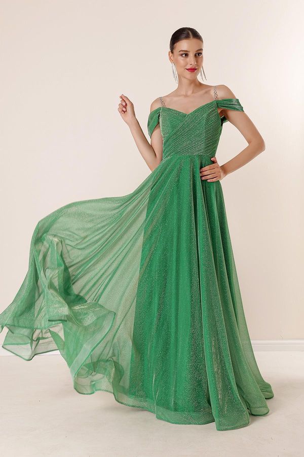 By Saygı By Saygı Strappy Low Sleeves Lined Long Glitter Dress with Wide Size Range