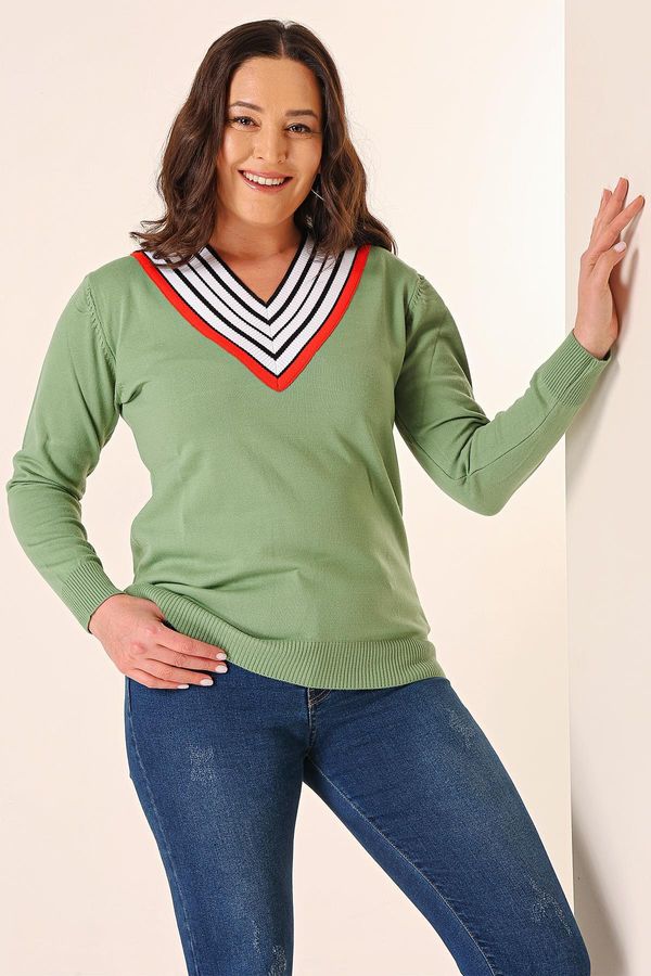 By Saygı By Saygı Striped V-Neck Plus Size Knitwear Sweater