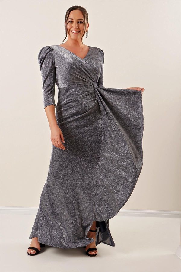By Saygı By Saygı Three Quarter-Centural Voluminous Sleeves Lined, Silvery Plus Size Long Dress