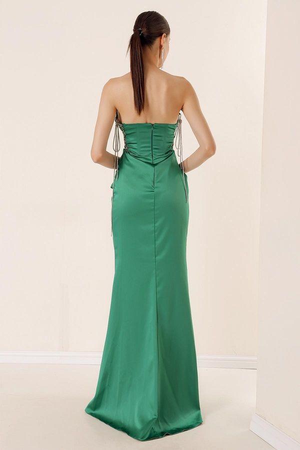 By Saygı By Saygı Transparent Draped Lined Long Chiffon Dress Green