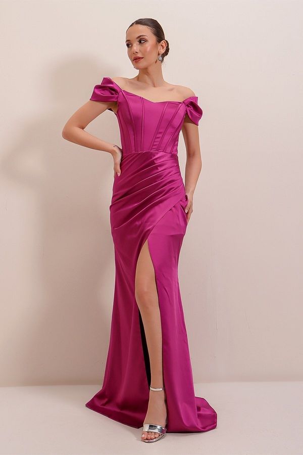 By Saygı By Saygı Underwired Long Satin Dress with Pleats and Lined, Fuchsia