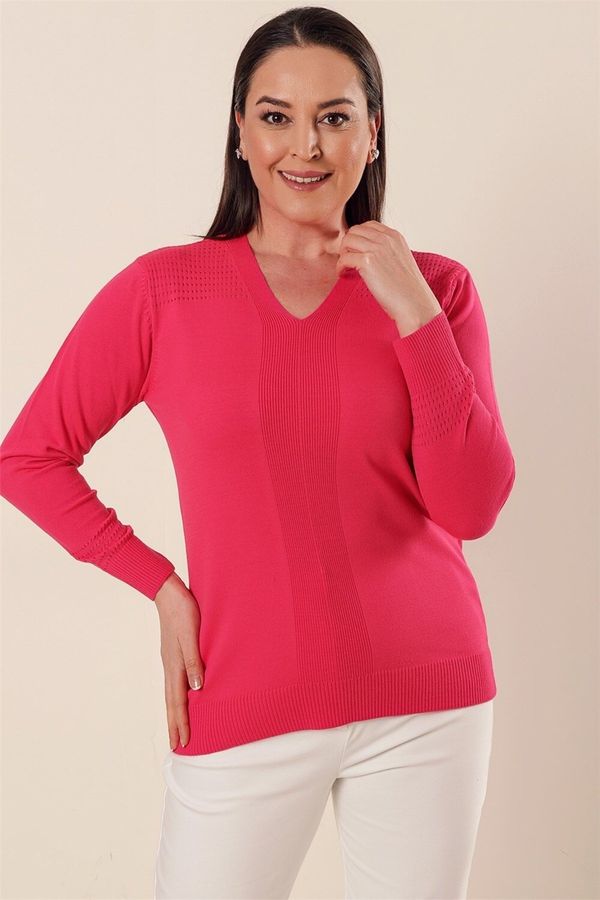 By Saygı By Saygı V-Neck Hole Work Detailed Plus Size Acrylic Sweater Pink