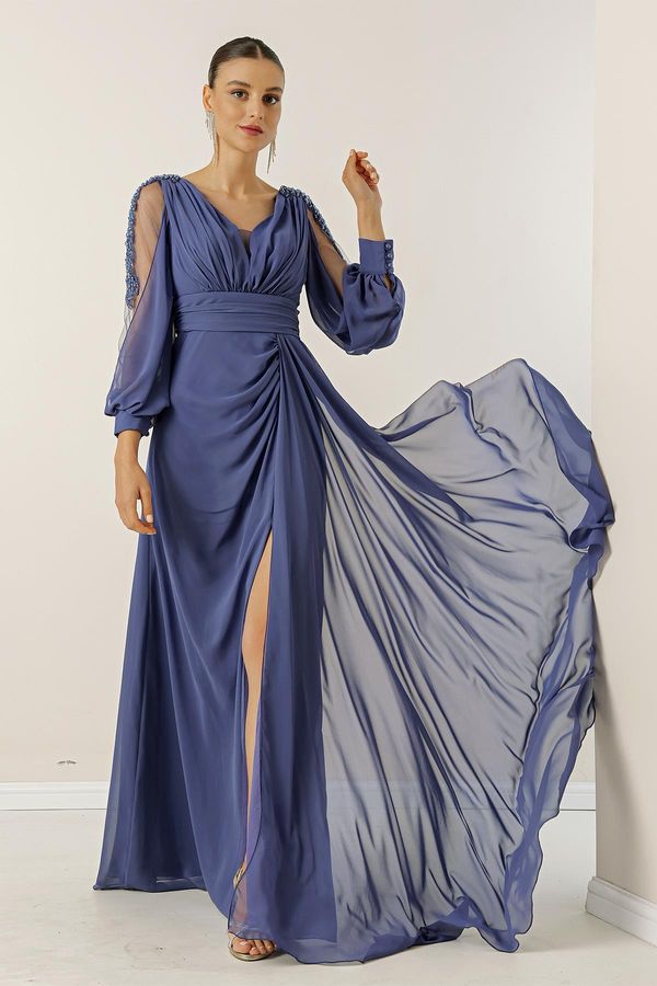 By Saygı By Saygı V-Neck Long Evening Chiffon Dress with Draping and Lined Sleeves.