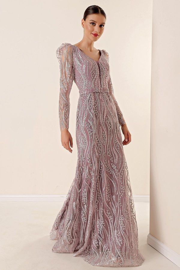 By Saygı By Saygı V-Neck, Long Sleeves, Lined, Wide fit, Glittery Flocked Printed Long Dress, Dry Rose.