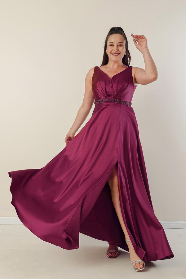 By Saygı By Saygı V-Neck Plus Size Satin Dress with Thick Straps and Beaded Lined Waist