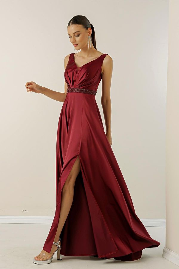 By Saygı By Saygı V-Neck Thick Straps Waist Beaded Lined Wide-body Interval Long Satin Dress