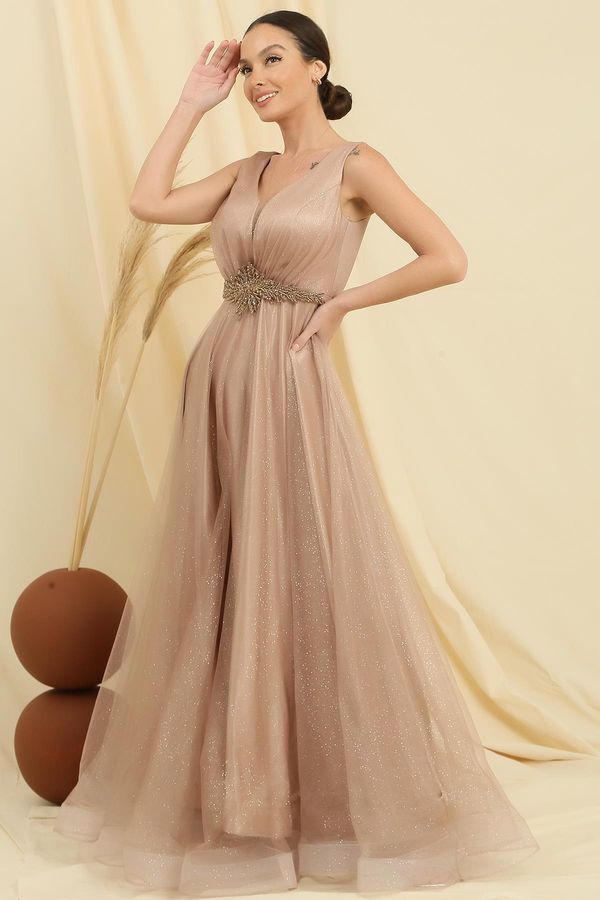 By Saygı By Saygı V-Neck Waist Stone Lined Top Silvery Inner Satin Long Princess Dress