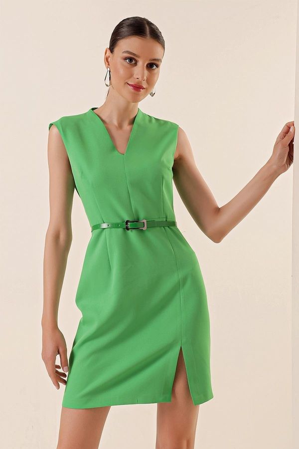 By Saygı By Saygı V-Neck Waist With A Belt and A Slit Crepe Dress Green