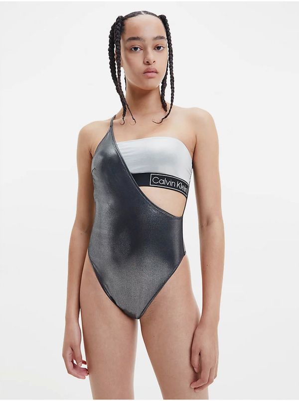 Calvin Klein Calvin Klein Women's White-Black Metallic One-Piece Swimsuit with Slit Calvin Kl - Women