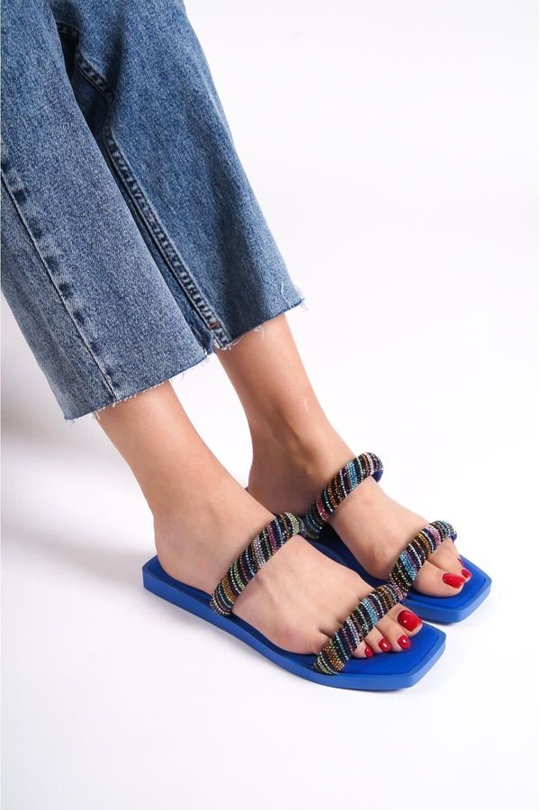Capone Outfitters Capone Outfitters Capone Chunky Toe Women's Slippers with Stones and Band Flat Heels Sax Blue