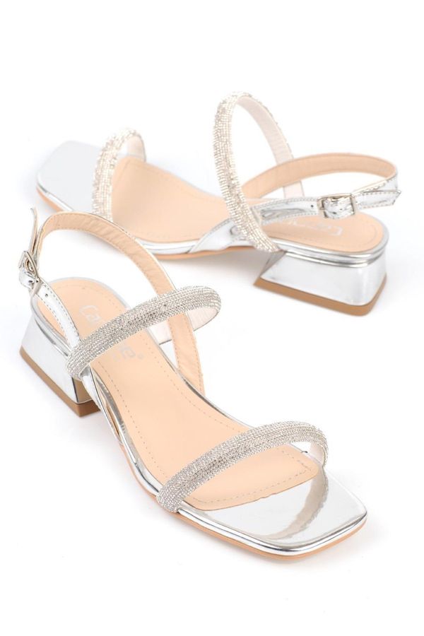 Capone Outfitters Capone Outfitters Capone Chunky Toe Women's Studded Double Thick Band Short Heels, Mirror Fabric Silver Women Sandals.