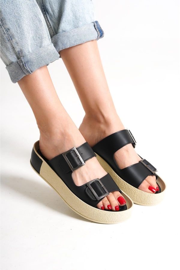 Capone Outfitters Capone Outfitters Capone Double Straps Belt with Buckle and Colorful Detailed Wedge Heel Women Black Women's Slippers.